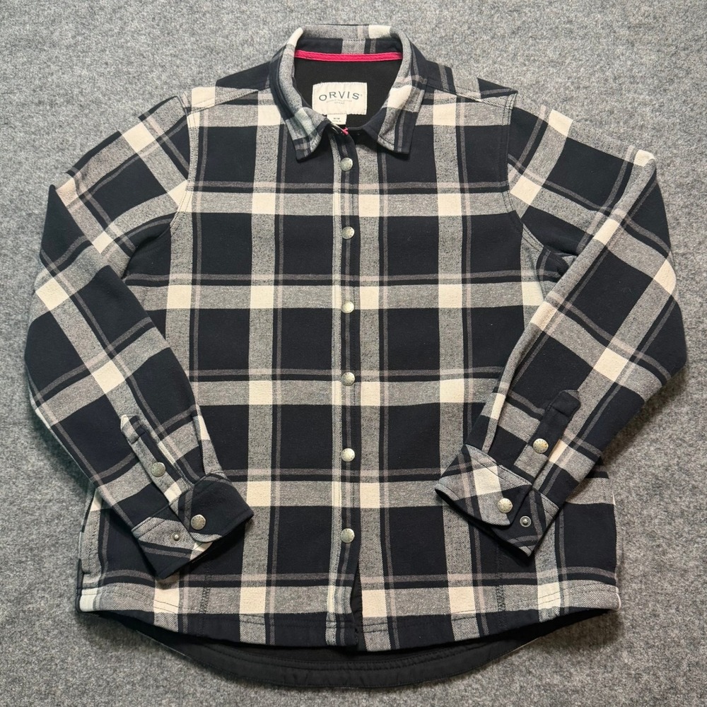 ORVIS Black White Plaid Fleece Lined Flannel Snap Front Shirt Jacket Shacket M